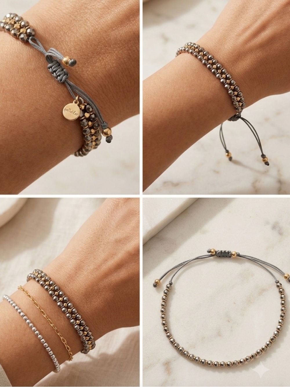 🆕 NWOT Stella & Dot Marcasite Like Gunmetal Gold Adjustable Cord Bracelet Friend